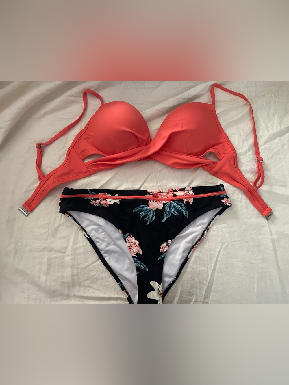 Coral Push-Up Bikini Top with Black Floral Bottoms